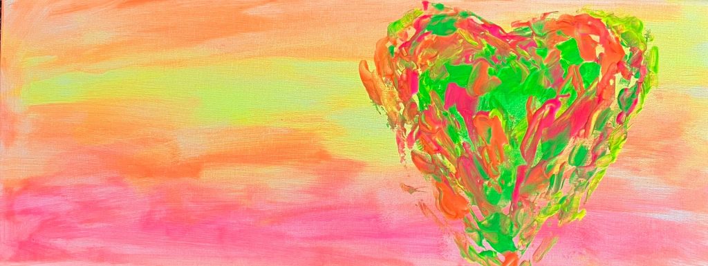 Abstract painting with a multicolored heart shape on the right against a pink-to-orange sunset gradient, serving as a bold focal point.