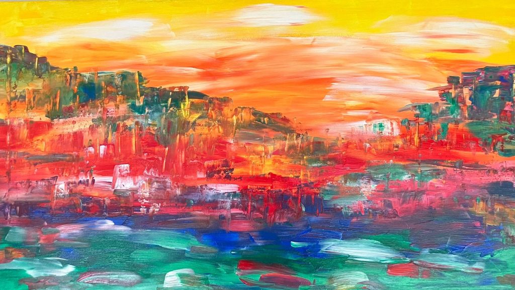 Abstract sunset scene with a fiery orange-red cityscape and teal water in the foreground.